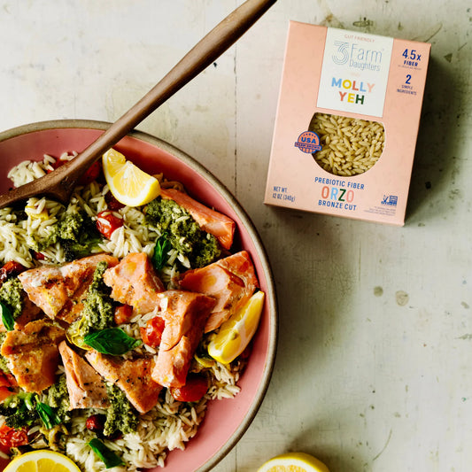 Molly Yeh x 3 Farm Daughters | Roasted Veggie Orzo with Pesto and Grilled Salmon