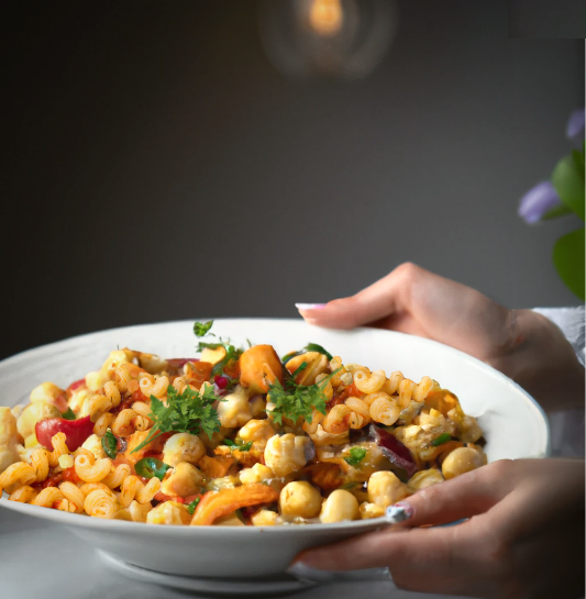 Pasta with Secret Roasted Veggie & Chickpea Sauce