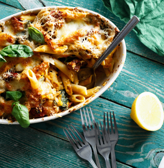 Baked Penne with Mushrooms, Spinach & Crispy Prosciutto