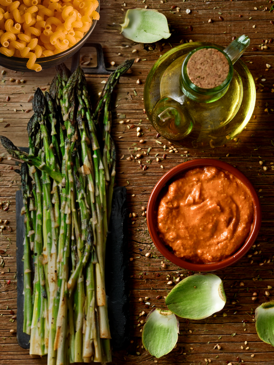 Roasted Pepper Romesco Pasta with Almonds & Asparagus